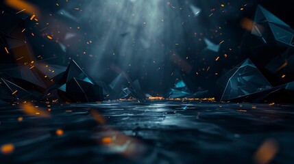 Abstract background with dark crystals erupting orange sparks over a dark reflective ground