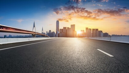 asphalt road square and bridge with modern city buildings scenery at sunset car advertising background