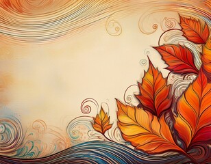 autumn leaf illustration with room for copy space lined textured background with whimsical swirls