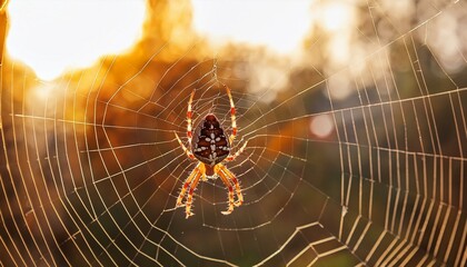 brown white spider sitting on a web in sunny autumn day