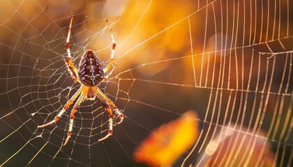 brown white spider sitting on a web in sunny autumn day