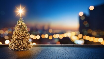 christmas tree with bright star evening city with blurred background