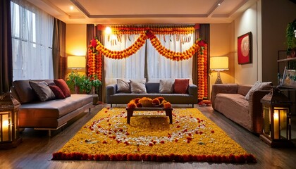 festively decorated living room with marigold garlands and rangoli for diwali celebration