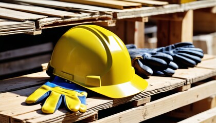 A bright yellow helmet and work gloves placed on a pallet at a construction site, representing safety and the tools of labor, Generative AI