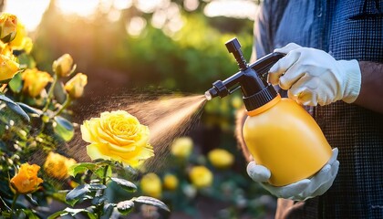 person spraying yellow rose flower against pests and diseases with garden hand sprayer fertilizer treatment or pests control holding pesticide bottle spray closeup garden gardening concept