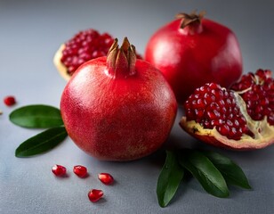 pomegranate fresh juicy pomegranates with leaves on gray background organic bio fruits closeup