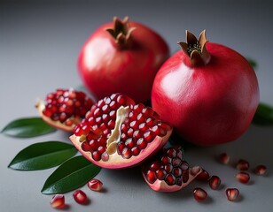 pomegranate fresh juicy pomegranates with leaves on gray background organic bio fruits closeup