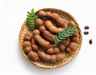 set of tamarind tropical fruits isolated on white background fresh ripe tamarind pods tamarindus indica indian date healthy vegan food top view flat lay