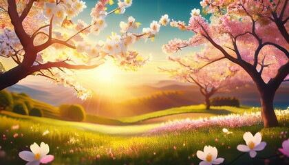 Wall Mural - spring blossom background nature scene with blooming tree and sun flare spring flowers beautiful orchard