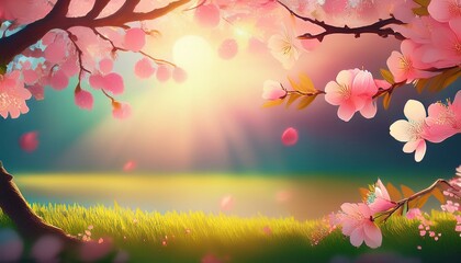 spring border or background art with pink blossom beautiful nature scene with blooming tree and sun flare