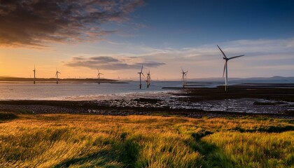 sunset view from walney island across the irish dea towards the distant walney offshore wind farm cumbrian coast cumbria england