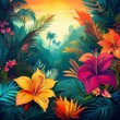 © Arber - tropical forest illustration with vibrant flowers creates a colorful paradise background