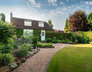 uk garden with naturalistic design yard hard landscaping summer retreat house panorama