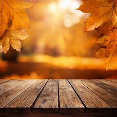 wooden table with orange leaves autumn background