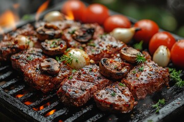 Close-up of baked meat with mushrooms, vegetables and spices