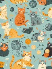 Poster - A lively depiction of various cats engaging with balls of yarn and playful toys, showcasing their fun and curious nature in an enchanting setting. Generative AI