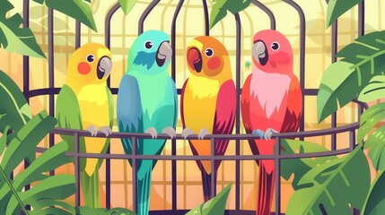 Canvas Print - Four vibrant parrots are enjoying their time in a decorative cage adorned with tropical foliage, basking in warm sunlight. Generative AI