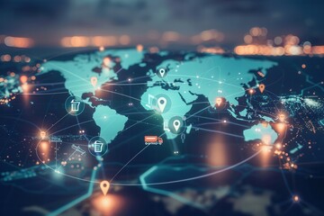 Leinwandbilder - A detailed global map showcases highlighted transport routes with icons representing different transport types across the world. Generative AI