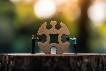 Two miniature figures assembling a wooden puzzle piece symbolizing teamwork and collaboration in a natural setting.