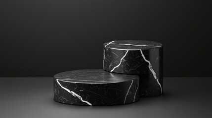 Two stylish black marble pedestals on a dark background, perfect for displaying products or art.