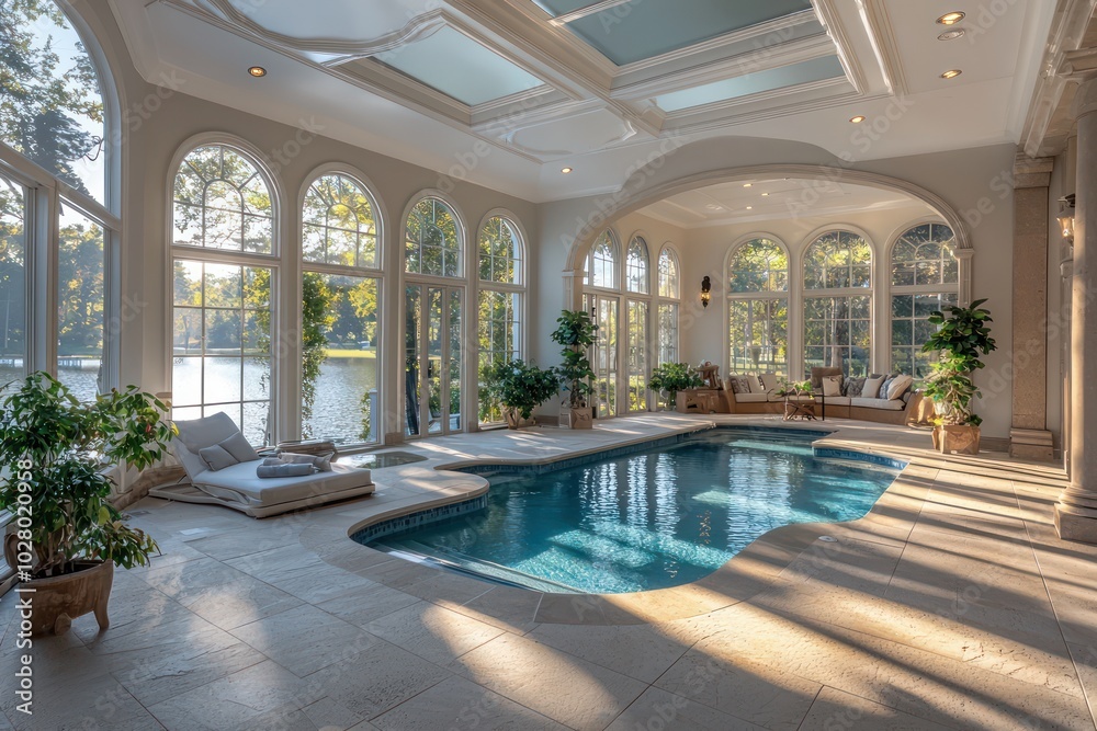Detailed view of a luxurious lakeside home with a serene pool and ...