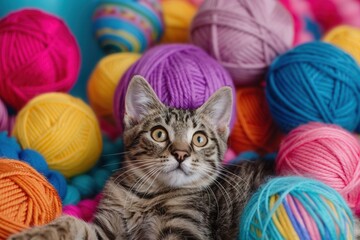 Poster - Kittens are having fun surrounded by colorful yarn balls and toys, showcasing their playful nature in a lively atmosphere. Generative AI