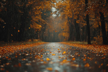 Wall Mural - rainy day on autumn forest, rain falling on fall leaves