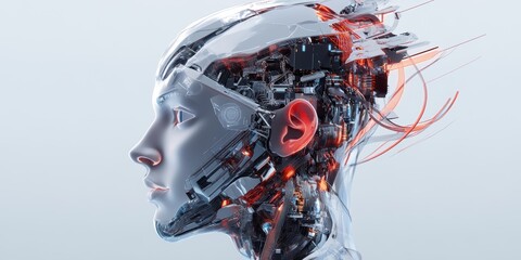 Poster - a futuristic digital artwork of a cyborg head merging human features with mechanical elements
