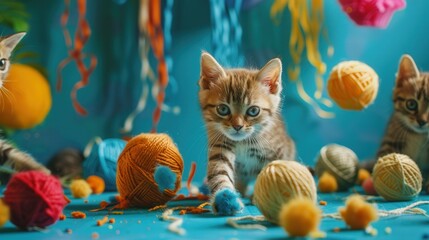 Poster - A group of lively kittens enthusiastically explores a vibrant space filled with balls, yarn, and cheerful decorations. Generative AI