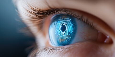 Poster - closeup of a blue eye with digital patterns in the iris