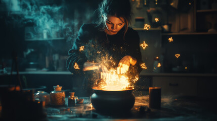 Enchanting alchemy: woman creating magical potion with glowing sparks