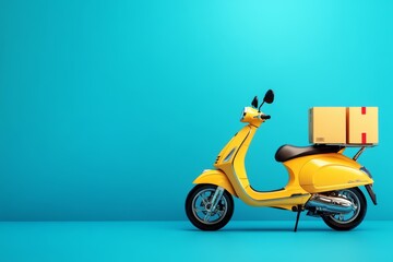 A vibrant yellow scooter parked against a bright blue wall, ready for urban delivery logistics in a modern city setting