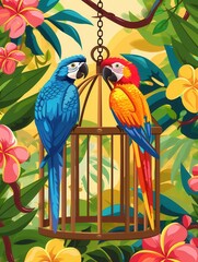 Canvas Print - Two vibrant parrots in vivid colors sit inside a decorative cage, surrounded by colorful flowers and lush green leaves, creating a lively atmosphere. Generative AI