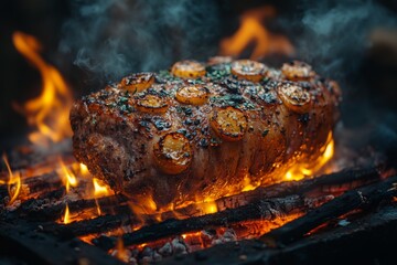 Pork knuckle bakeing over a campfire. Baked meat. Delicious dish. Meat with spices and sauce. 