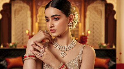 A woman wearing a gold necklace and red bangles poses for a photo. The image has a warm and inviting mood, with the woman's elegant attire and the decorative elements in the background