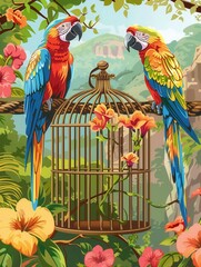 Poster - two vividly colored parrots are perched near an exquisite cage, surrounded by rich foliage and bloom
