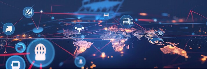 Leinwandbilder - A world map showcases important transport routes along with icons representing various transportation modes across regions. Generative AI