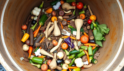 Expired Organic bio waste. Mix Vegetables and fruits in a huge container, in a rubbish bin. Heap of Compost from vegetables or food for animals.