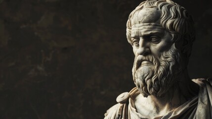  A close-up of a marble bust of the ancient Greek philosopher Socrates, against a dark background, ready for your inspiring quote.