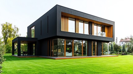 luxurious modern black house with wooden features and large windows, blending with a bright green la