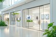 © Abdul - Minimalist fashion store in a mall setting with glass windows, white walls, and modern displays, accented by exterior green plants