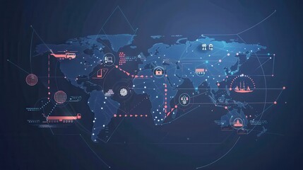 Poster - A detailed world map illustrates highlighted transport routes featuring icons representing different transport modes around the globe. Generative AI