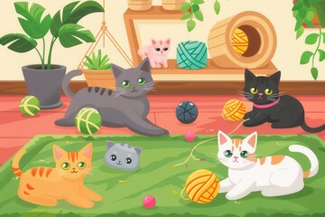 Poster - Several cats are energetically playing with various balls and yarn in a warm indoor setting, surrounded by plants and joy. Generative AI