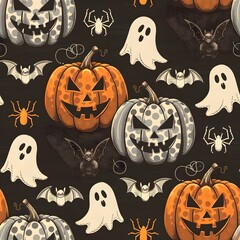 Halloween pattern with pumpkins, bats, spiders, and ghosts on dark background