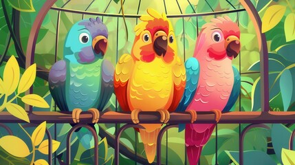 Poster - Three vibrant parrots sit together in a colorful cage, enjoying the warm sunlight and surrounded by lush plants. Generative AI