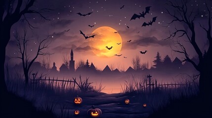 Sticker - Halloween background showing scary town with pumpkins and bats flying over moon