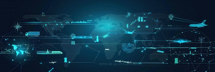Leinwandbilder - A detailed global map showcasing highlighted transport routes and various transport icons connecting key international locations. Generative AI
