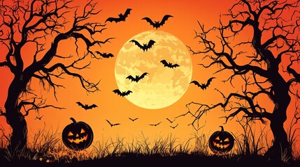 Sticker - Halloween background showing bats flying over jack o lanterns and dead trees