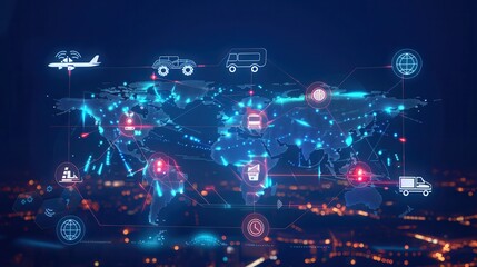 Aufkleber - A detailed digital map displays global transport routes, highlighted in blue, with different transport icons representing travel modes. Generative AI