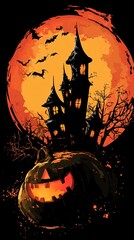 Sticker - Halloween pumpkin grinning under a spooky castle and blood moon